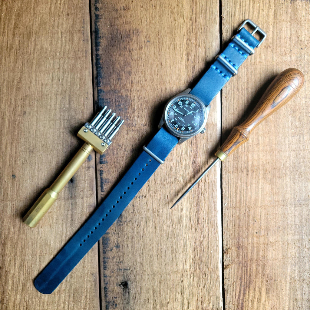 Leather One-Piece Watch Strap - Italian  Wapier Conceria - Blue - Customizable
