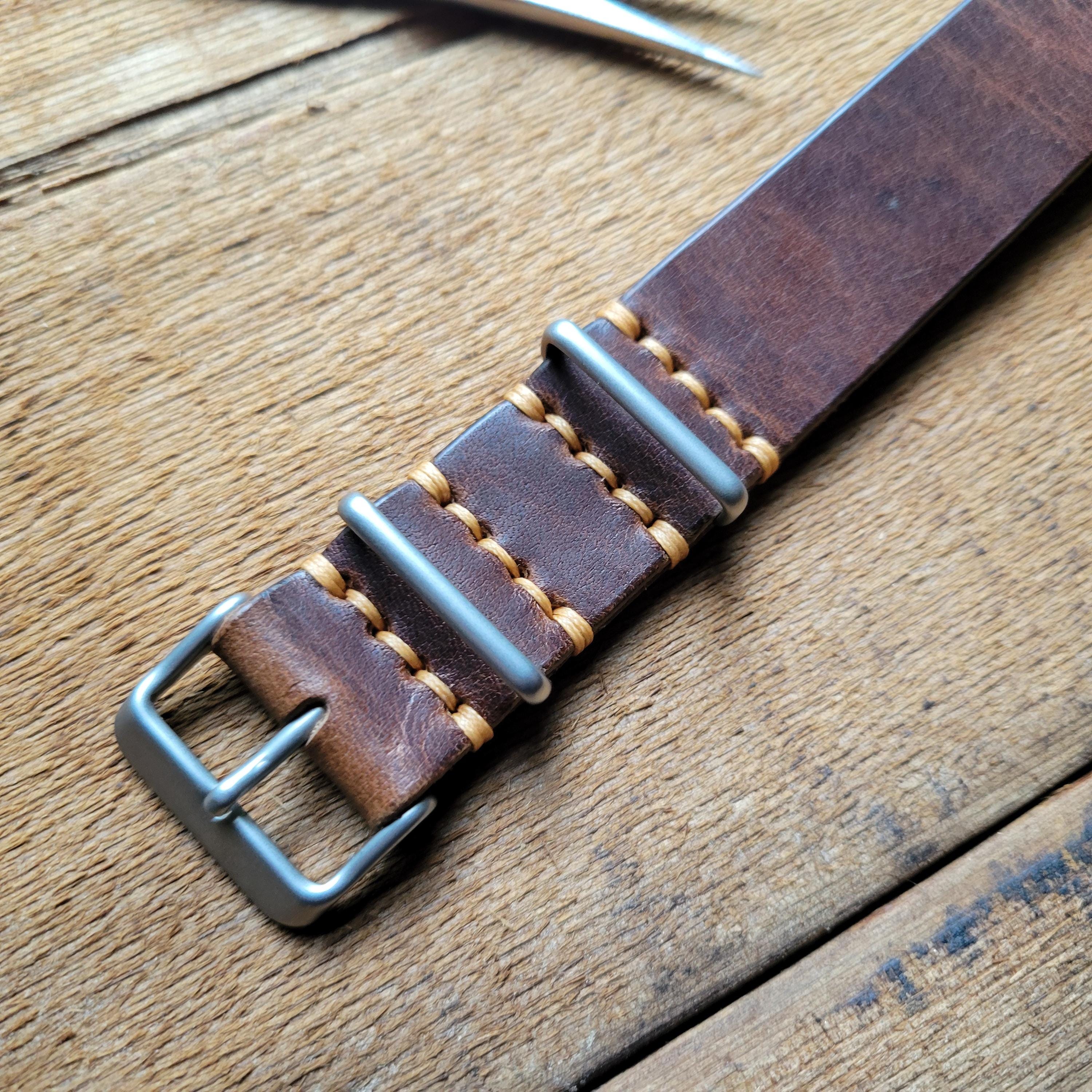 Full Grain Leather One Piece Watch Strap - Horween Dublin - Brown - Customizable -- USA Made