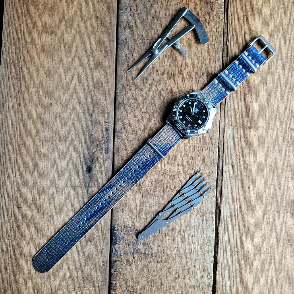 Leather One-Piece Watch Strap - Italian Shell Cordovan in Blue/Tan - Customizable