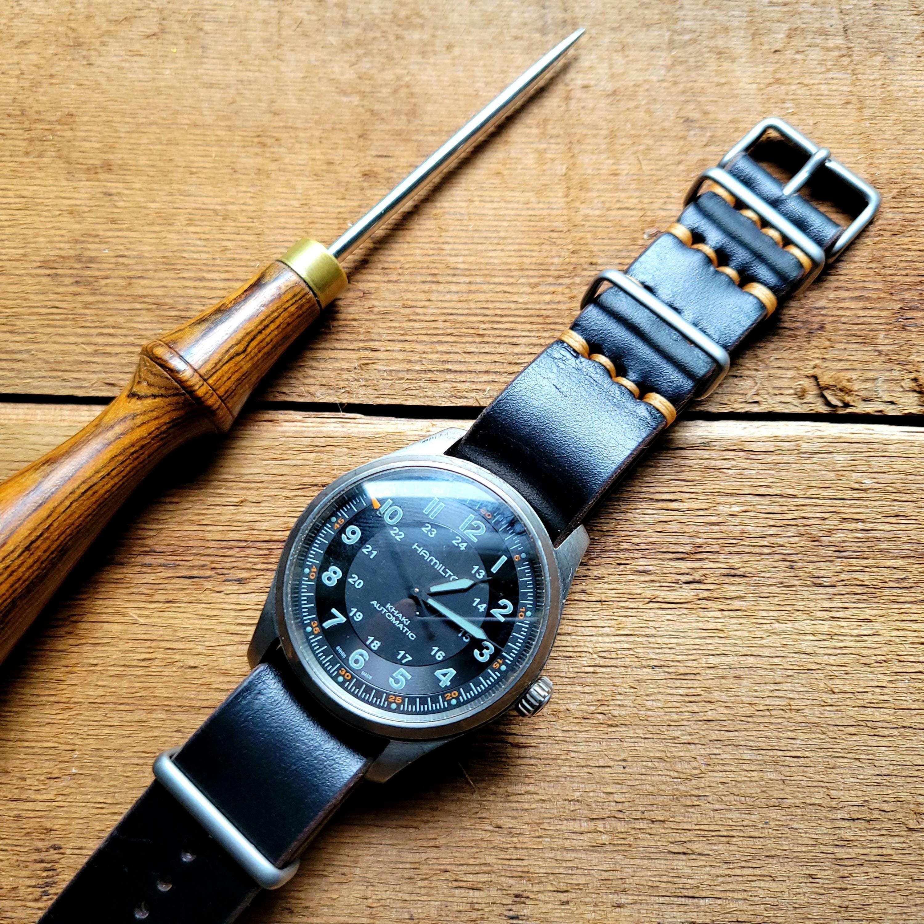 Leather One-Piece Watch Strap - Horween Horsehide Chromexcel - Black - Customizable