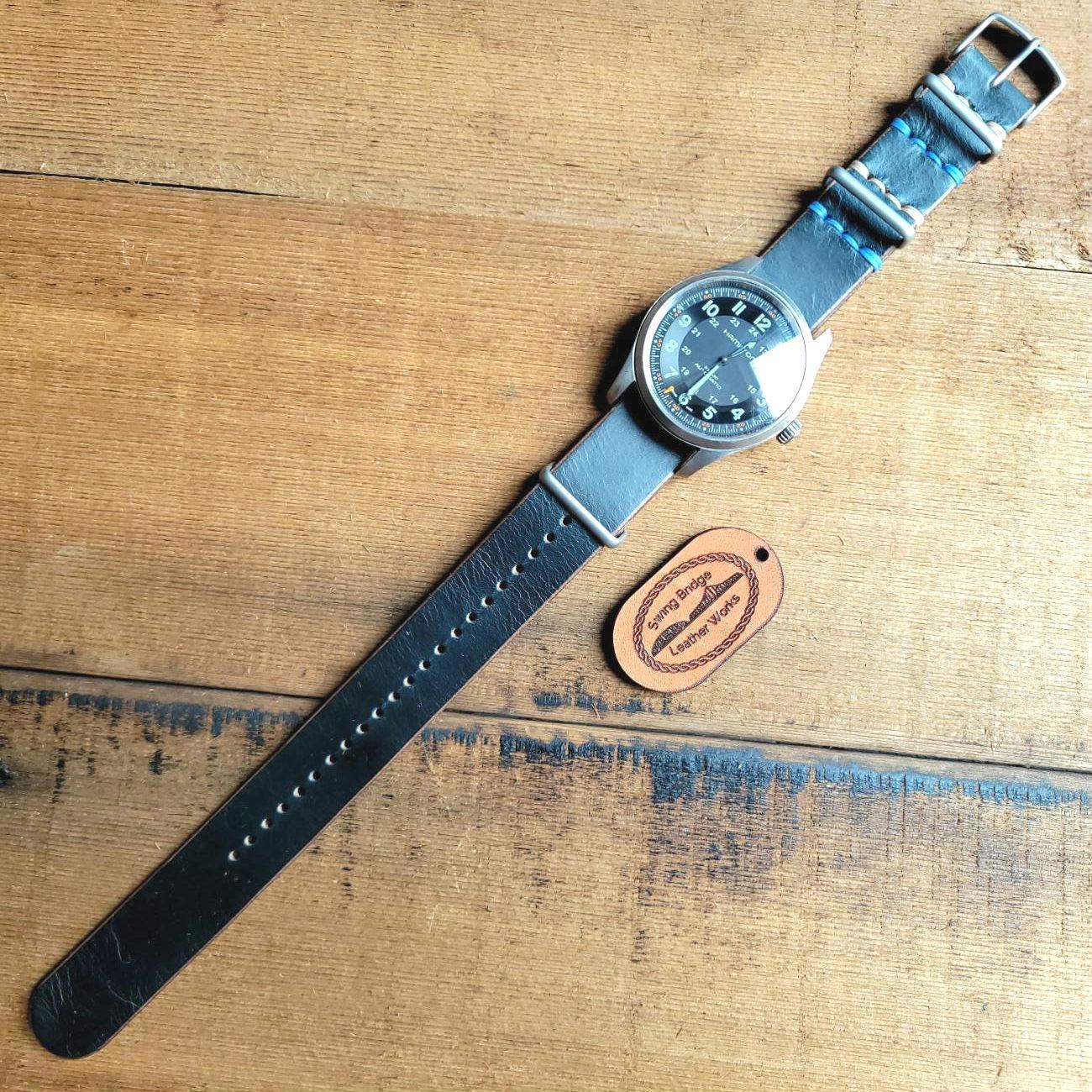 Leather One-Piece Watch Strap - Horween Chromexcel- Navy Color - Customizable