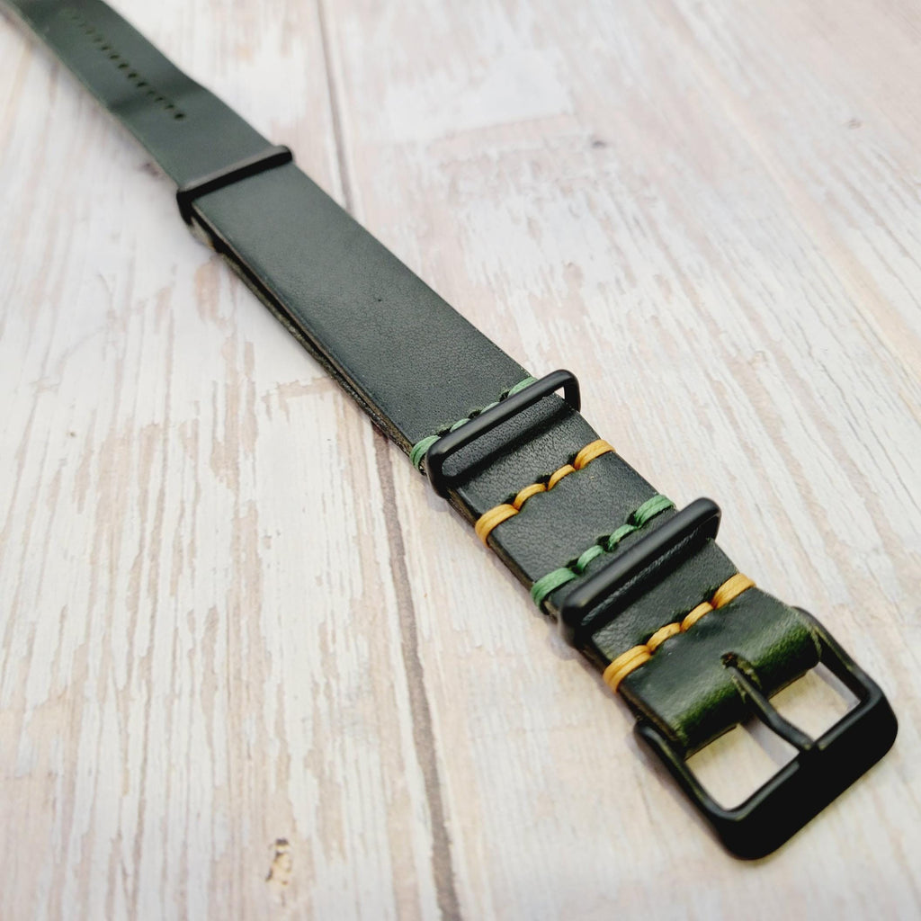 Handmade in the USA - Horween Full Grain Leather - One-piece Watch Strap Band - Dark Green Color