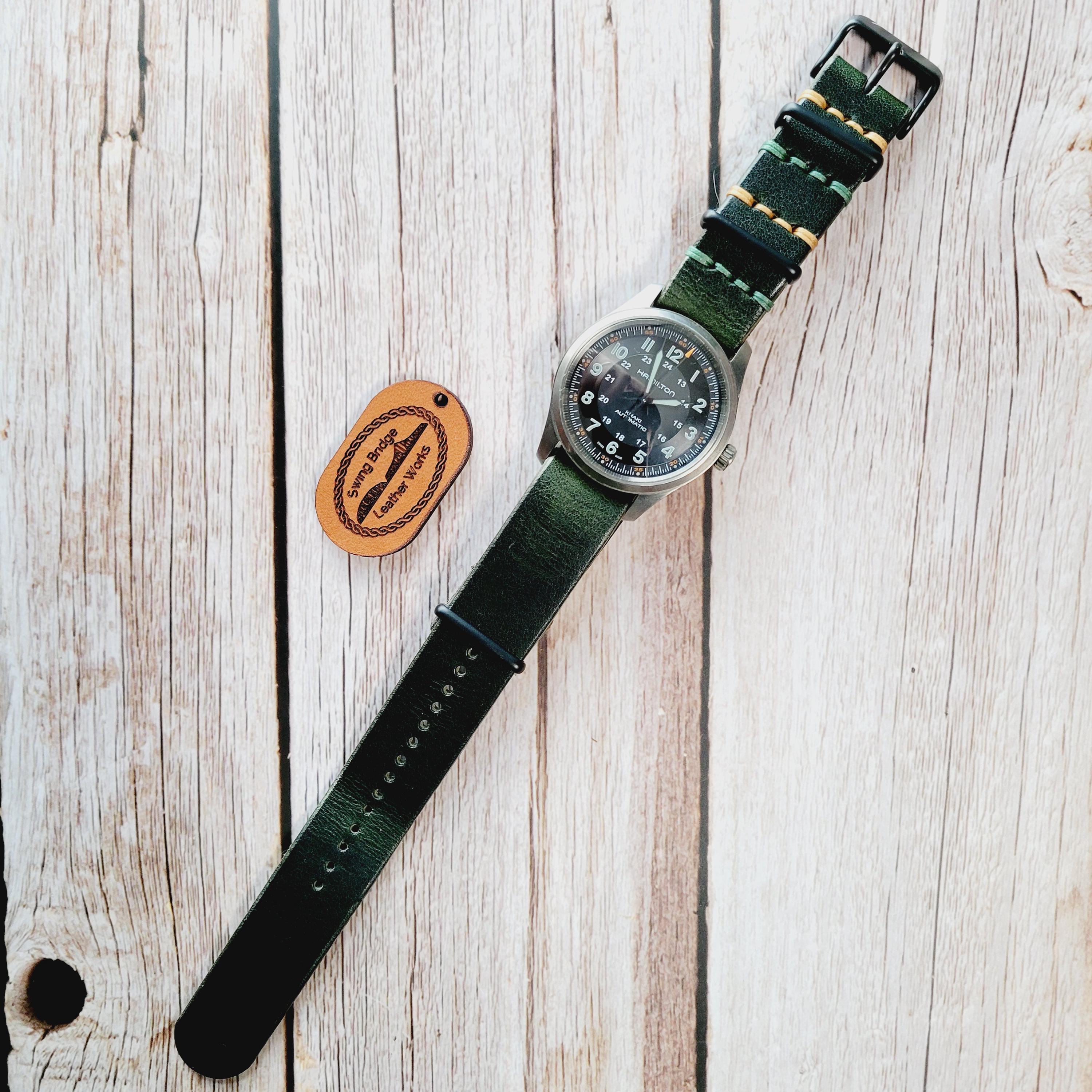 Handmade in the USA - Horween Full Grain Leather - One-piece Watch Strap Band - Dark Green Color