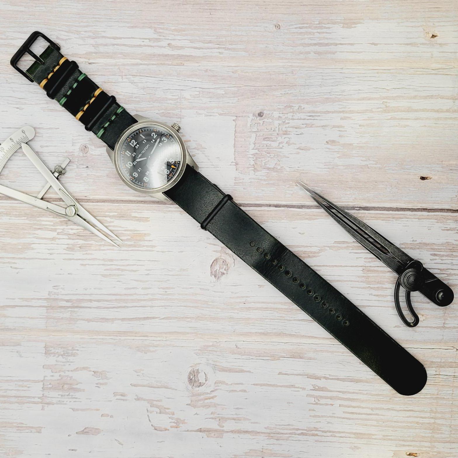 Handmade in the USA - Horween Full Grain Leather - One-piece Watch Strap Band - Dark Green Color
