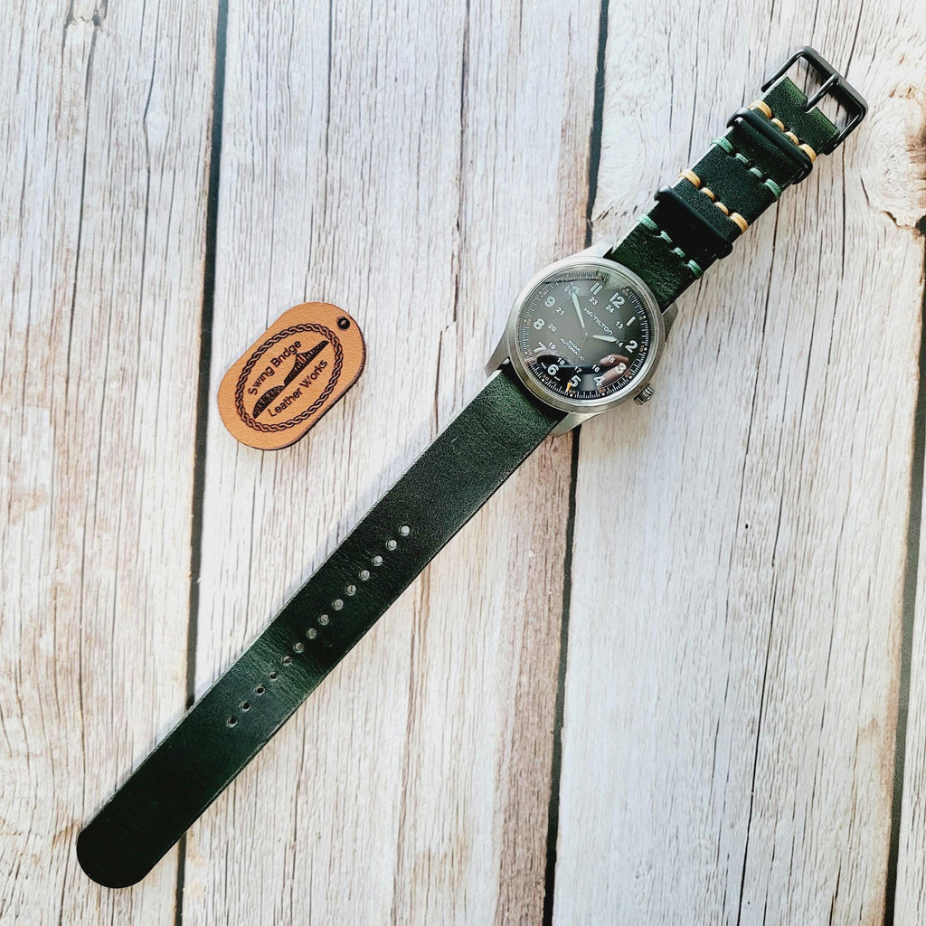 Handmade in the USA - Horween Full Grain Leather - One-piece Watch Strap Band - Dark Green Color