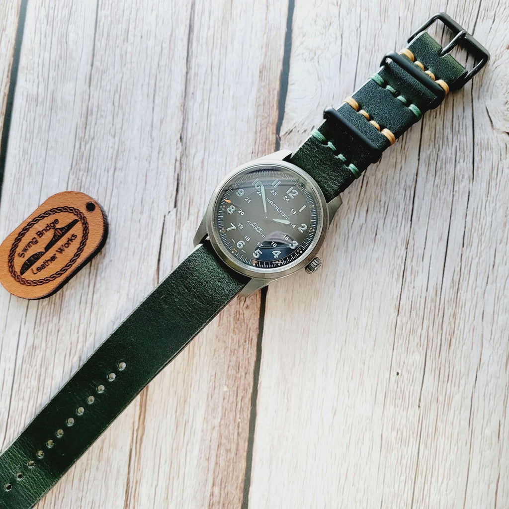 Handmade in the USA - Horween Full Grain Leather - One-piece Watch Strap Band - Dark Green Color