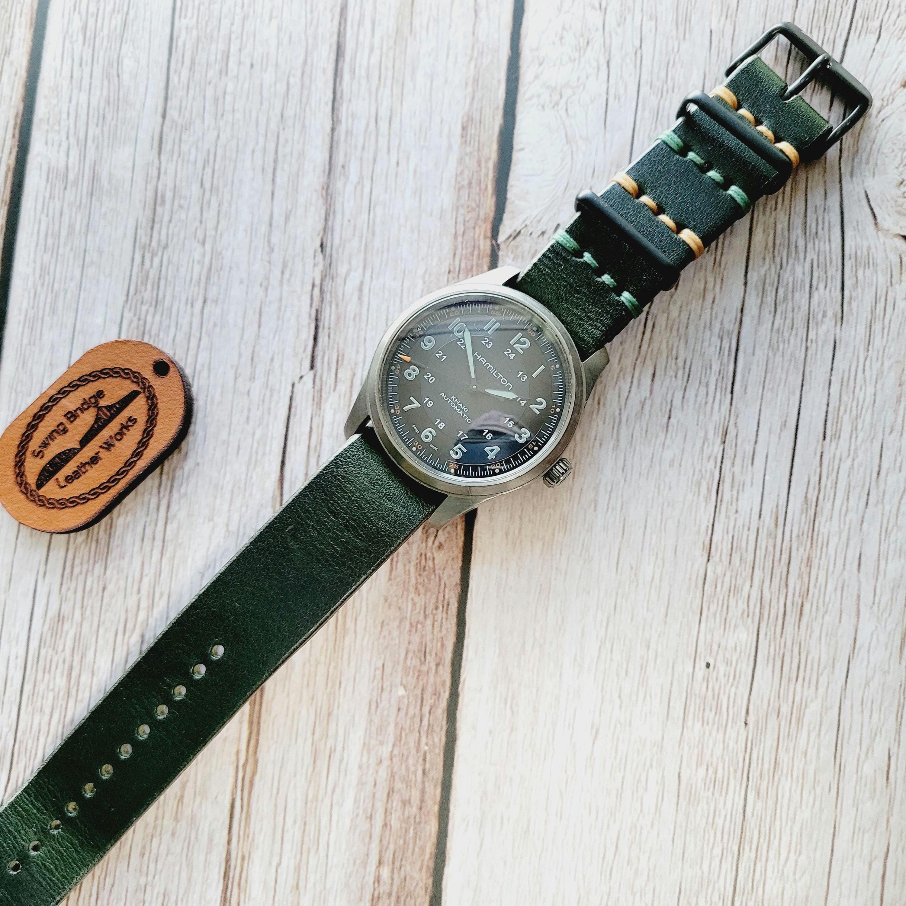 Handmade in the USA - Horween Full Grain Leather - One-piece Watch Strap Band - Dark Green Color