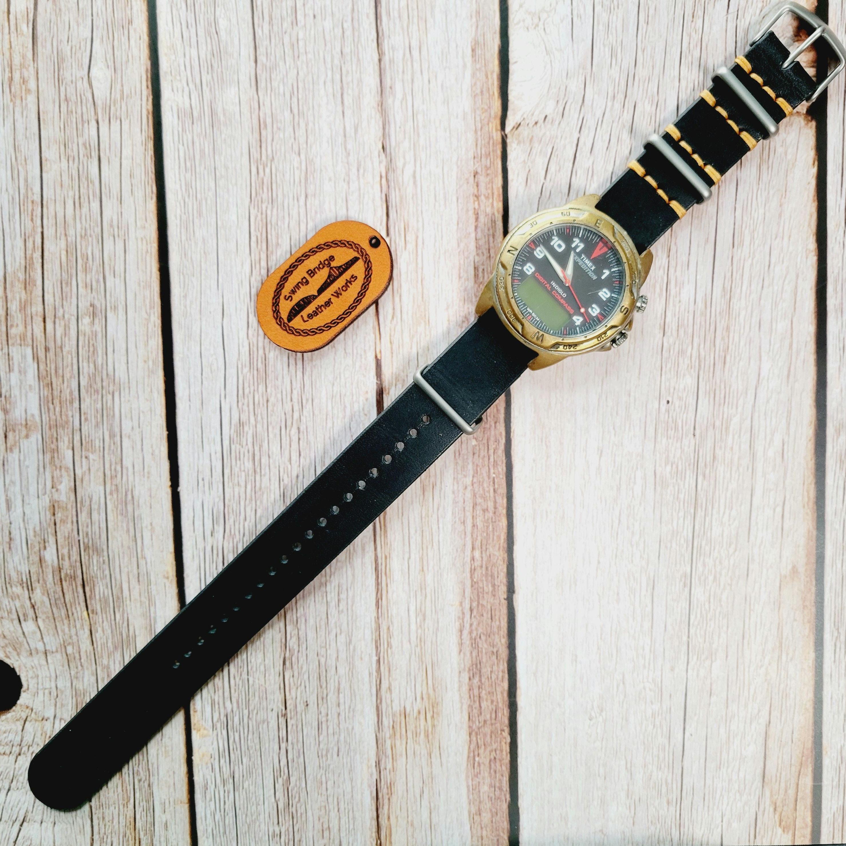 Leather One-Piece Watch Strap - Italian  Wapier Conceria - Black - Customizable