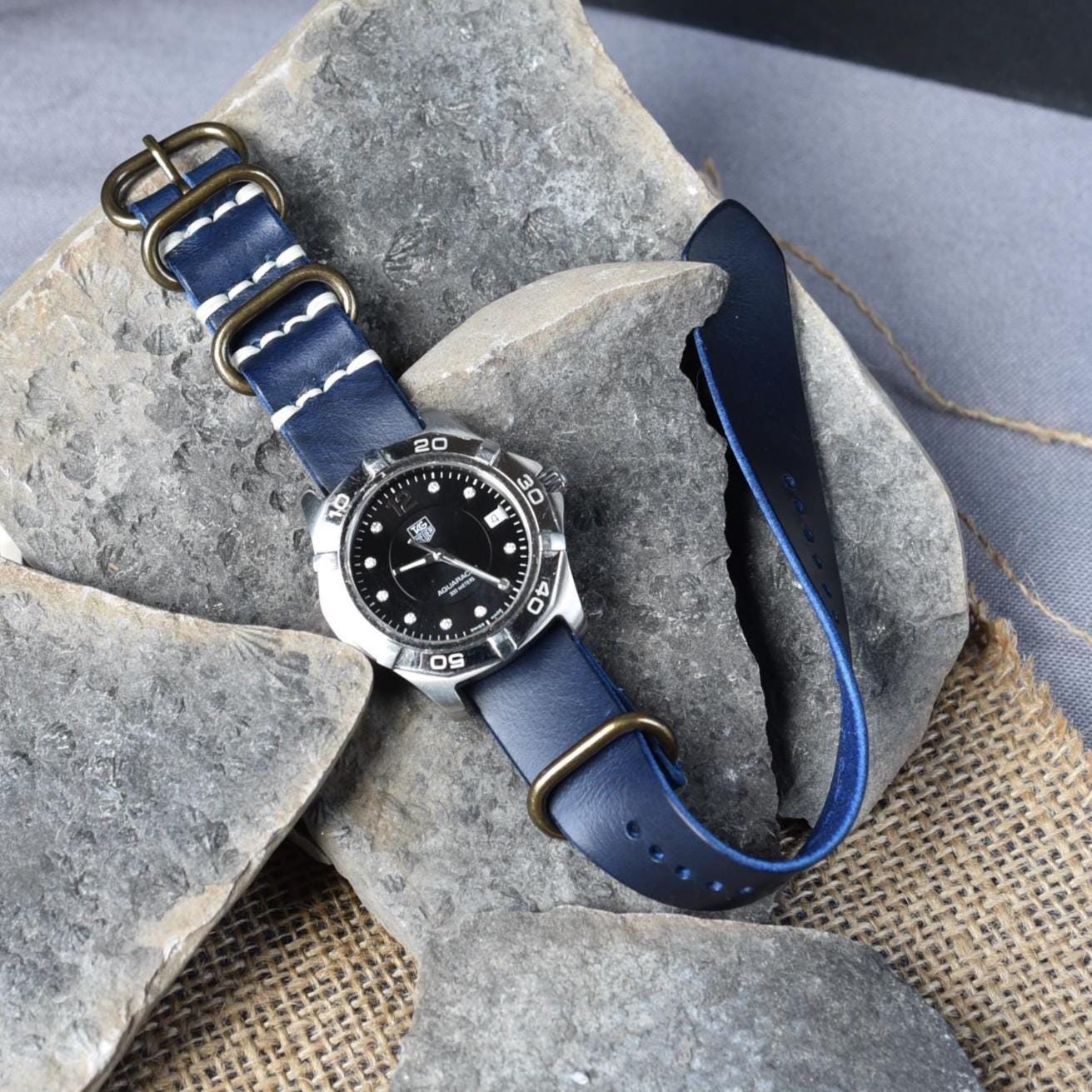 Blue Horween Full Grain Leather NATO Watch Strap – Customizable Handmade Band