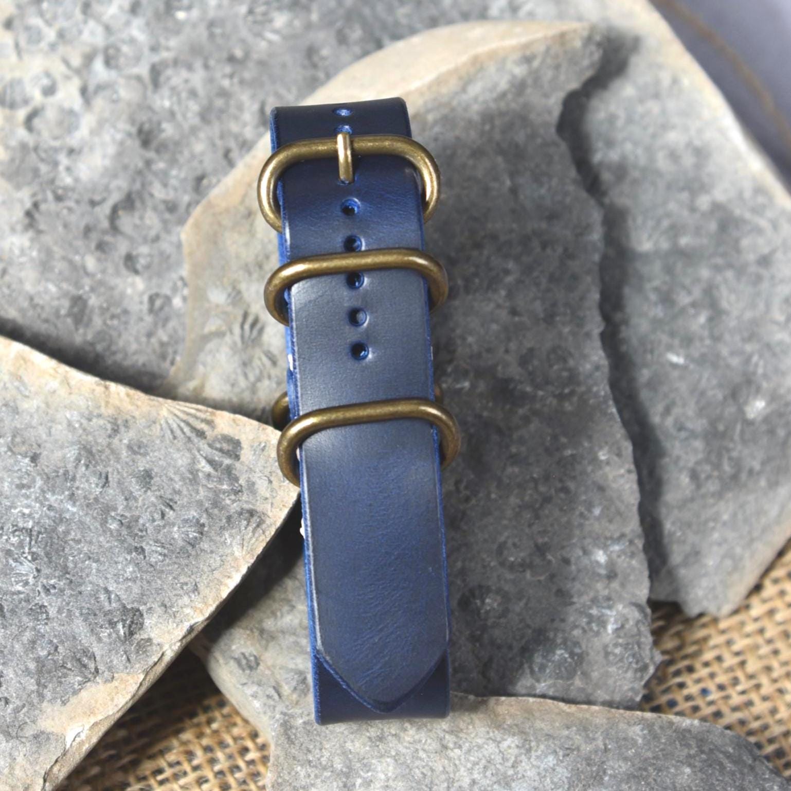 Blue Full-Grain Leather Watch Strap. Custom Hardware, Thread and Initials