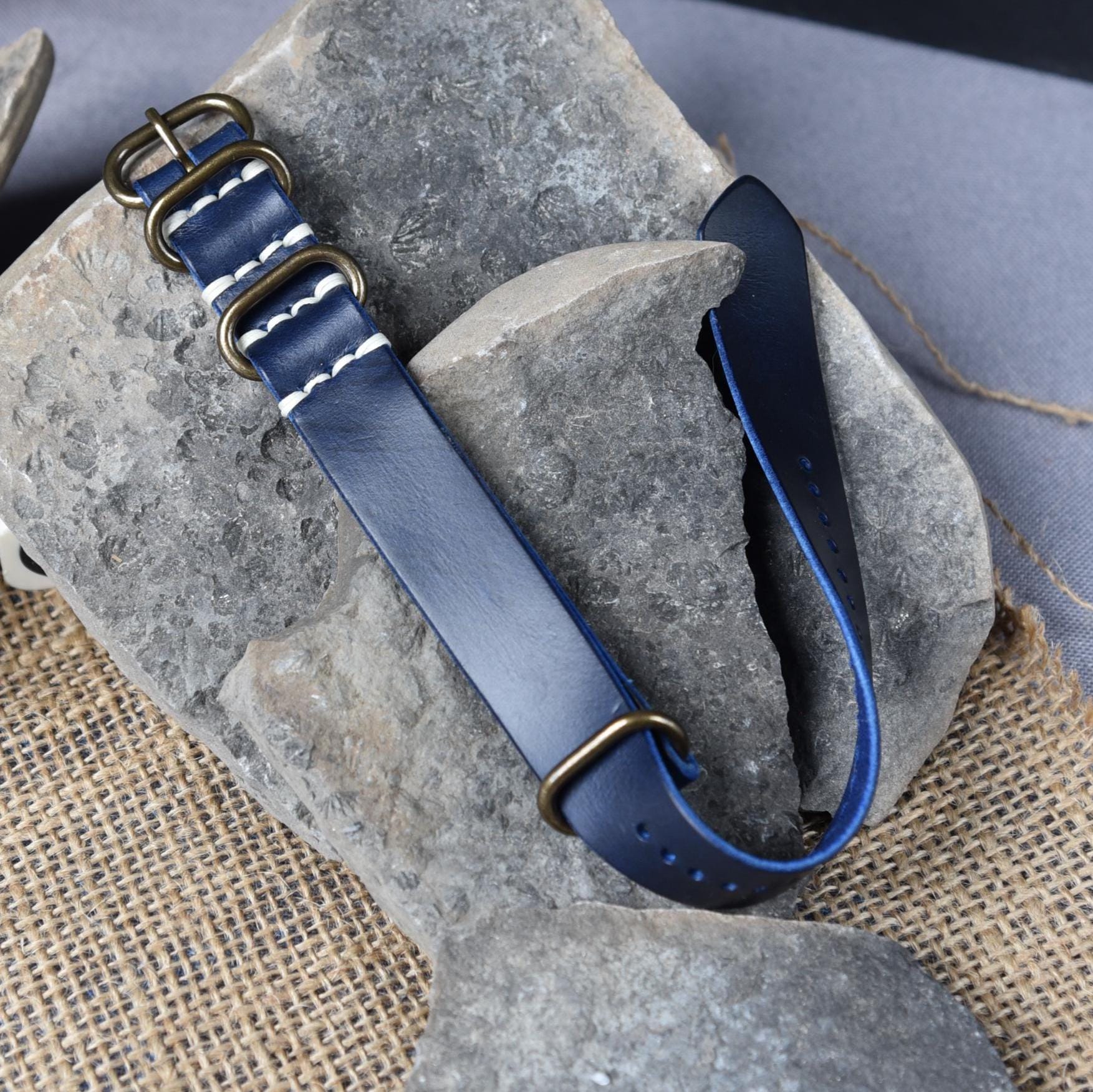 Blue Horween Full Grain Leather NATO Watch Strap – Customizable Handmade Band