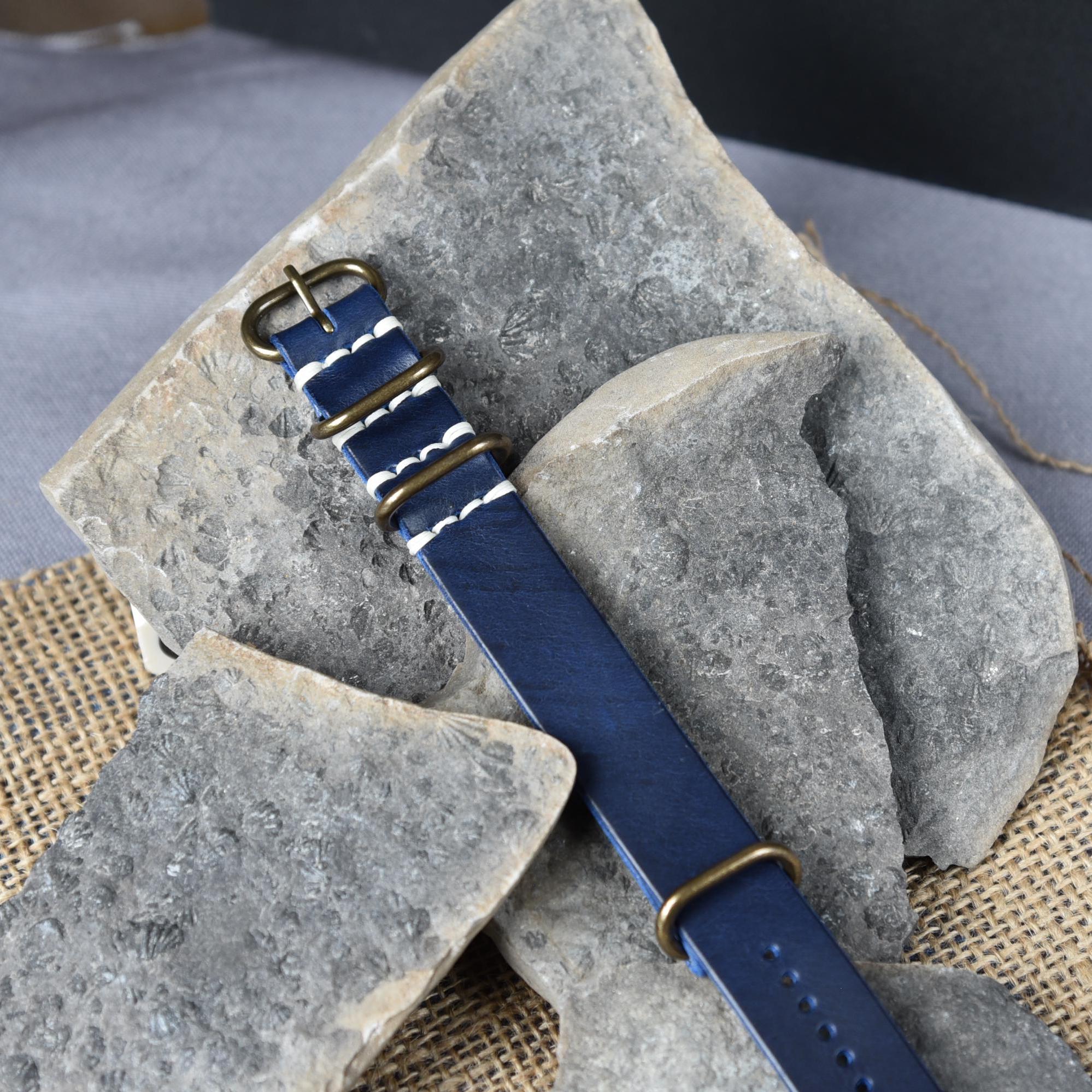 Blue Full-Grain Leather Watch Strap. Custom Hardware, Thread and Initials