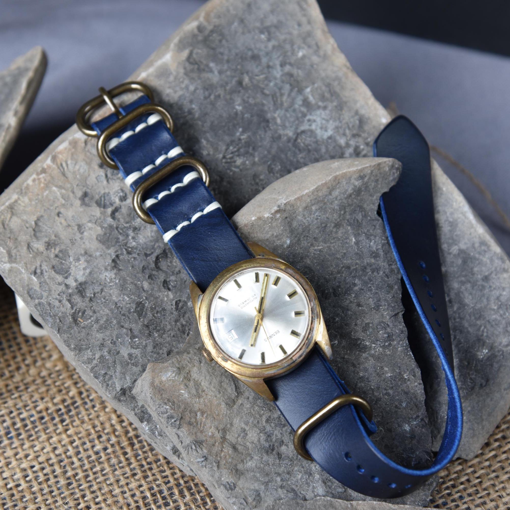 Blue Horween Full Grain Leather NATO Watch Strap – Customizable Handmade Band