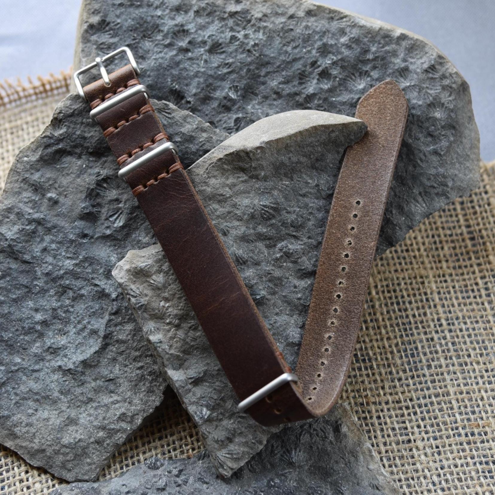Full Grain NATO-Style Watch Band - One Piece Watch Strap - Customizable - Horween Brown- Multiple Sizes