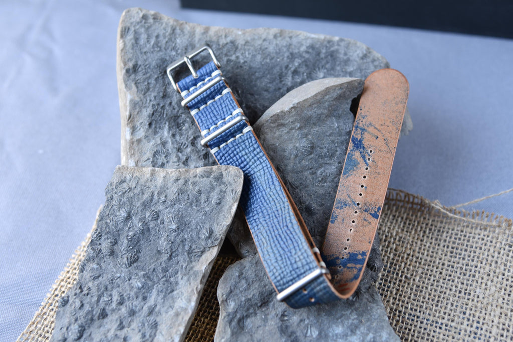 Leather One-Piece Watch Strap - Italian Shell Cordovan in Blue/Tan - Customizable