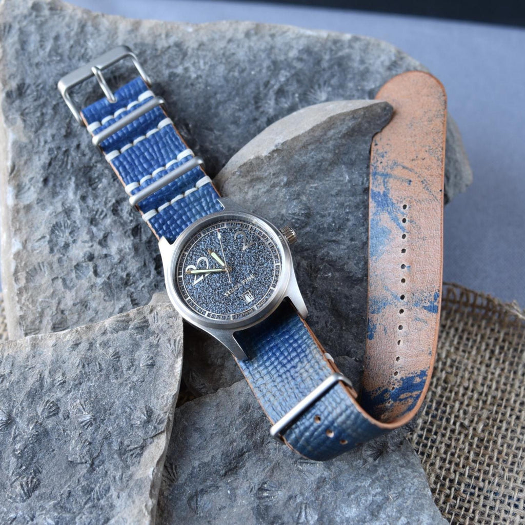 Leather One-Piece Watch Strap - Italian Shell Cordovan in Blue/Tan - Customizable