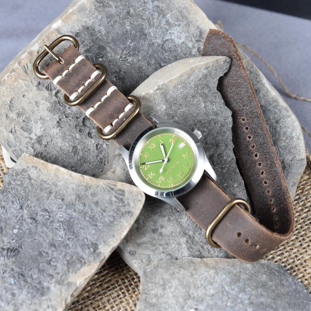 Rustic Full Grain Leather NATO Watch Strap – Customizable Handmade Band